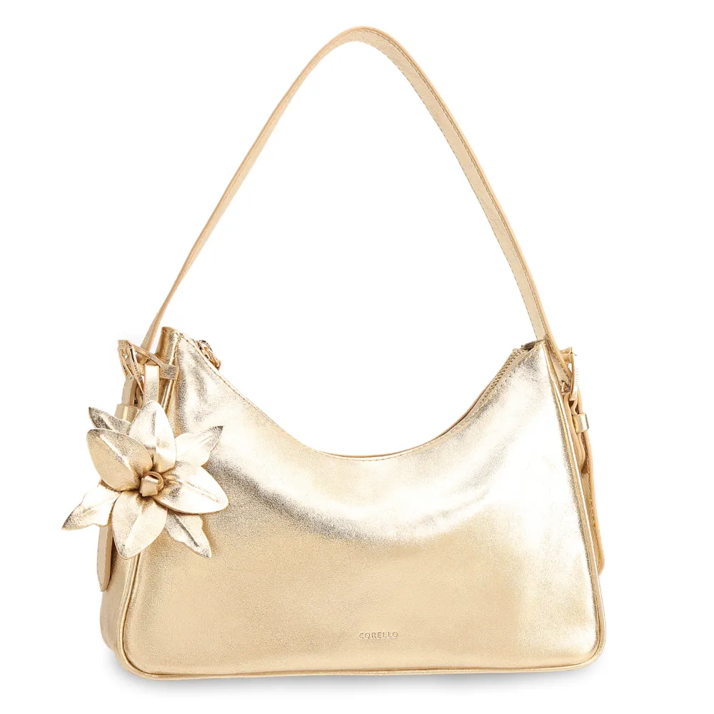  Bolsa De Ombro Pequena Couro Dourado Metalizado Pingente Flor - imagem 3