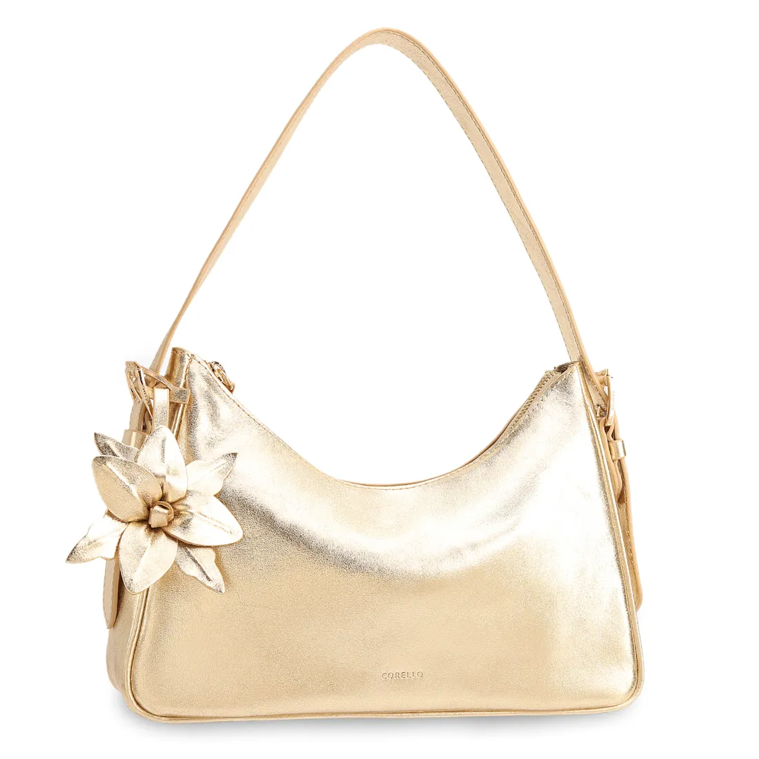  Bolsa De Ombro Pequena Couro Dourado Metalizado Pingente Flor - foto 3