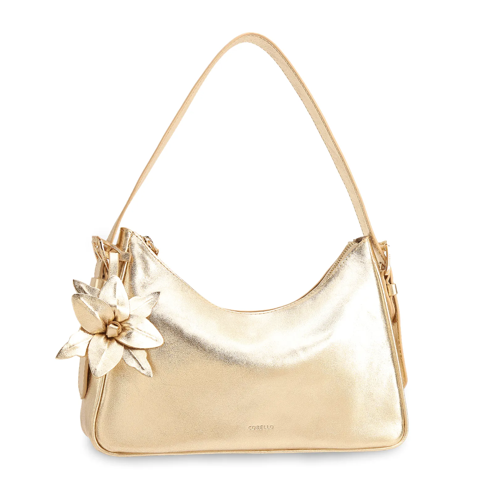 Bolsa De Ombro Pequena Couro Dourado Metalizado Pingente Flor