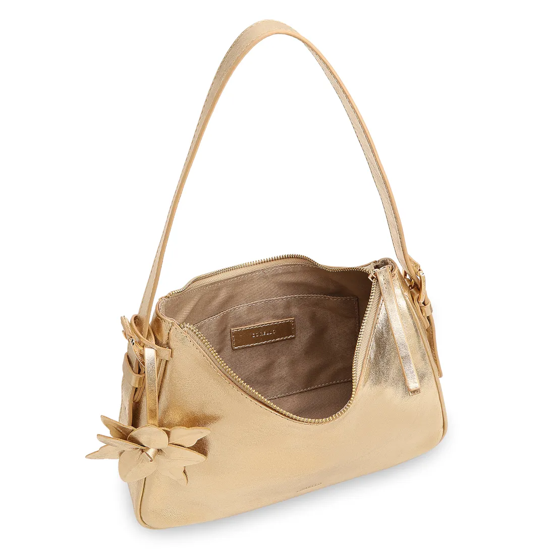  Bolsa De Ombro Pequena Couro Dourado Metalizado Pingente Flor - foto 5