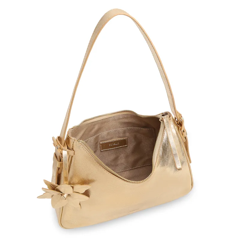  Bolsa De Ombro Pequena Couro Dourado Metalizado Pingente Flor - foto 5