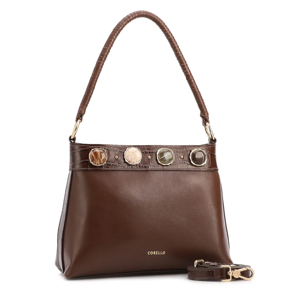 Bolsa De Ombro Pequena Couro Marrom Bucket Pedras - imagem 2