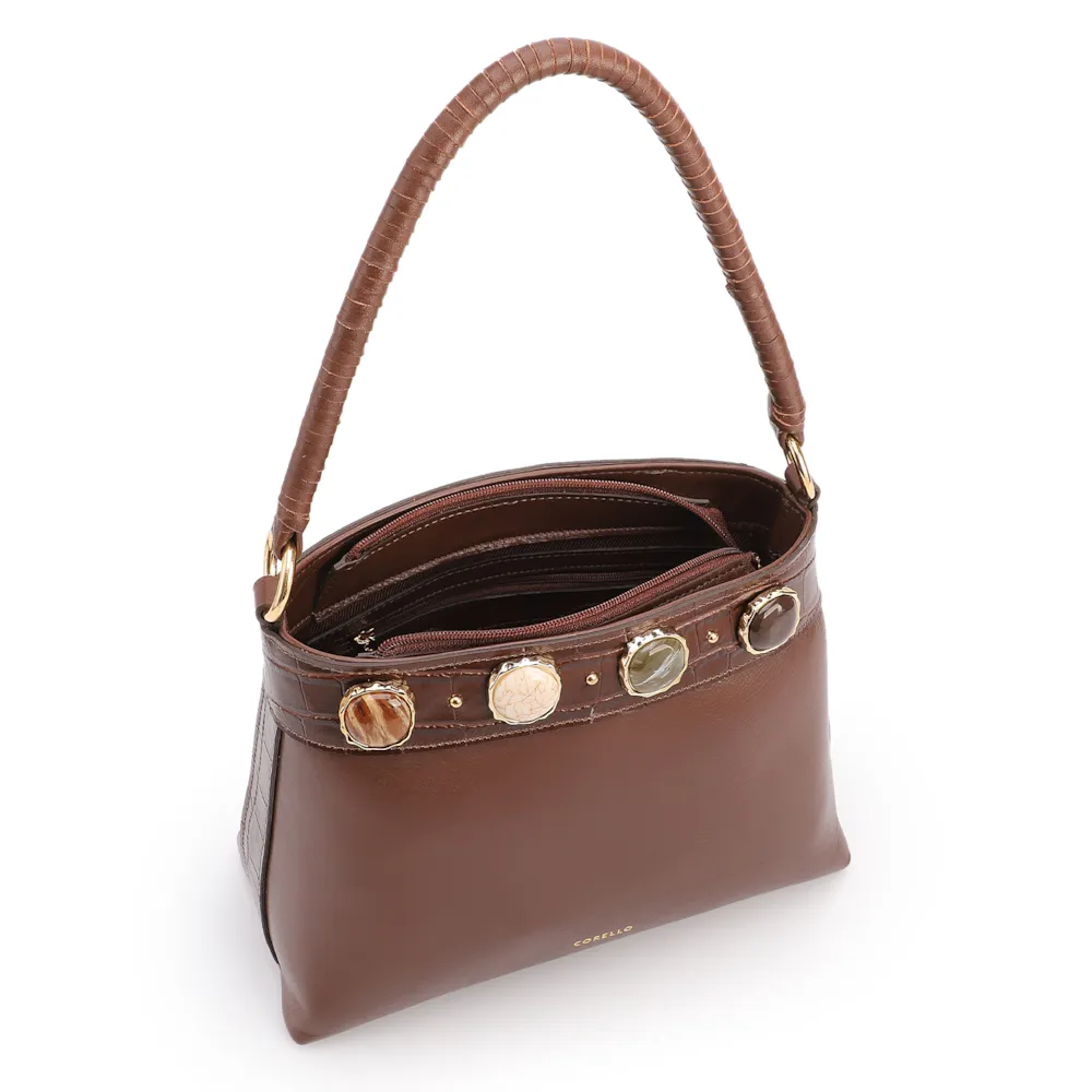 Bolsa De Ombro Pequena Couro Marrom Bucket Pedras - imagem 4