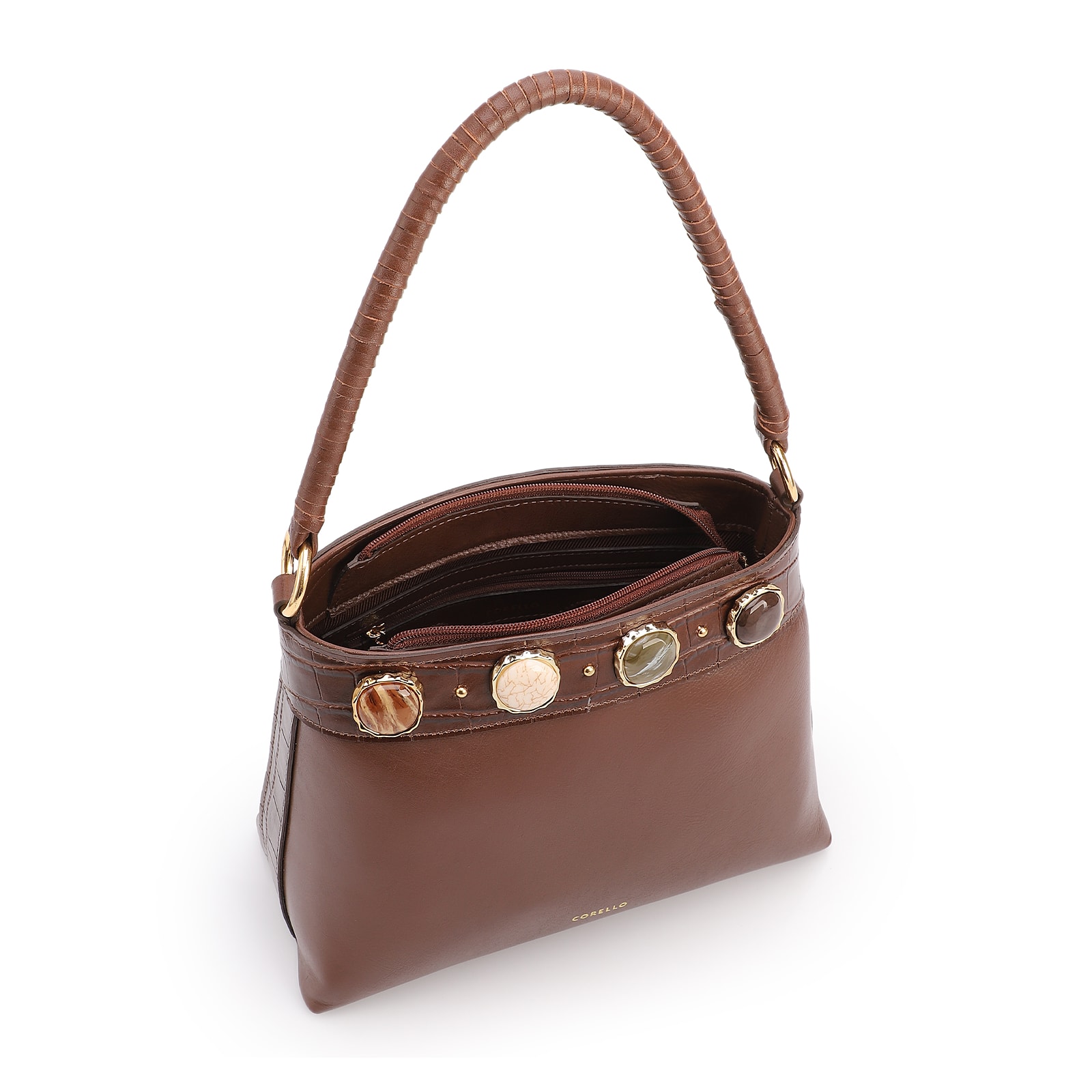 Bolsa De Ombro Pequena Couro Marrom Bucket Pedras