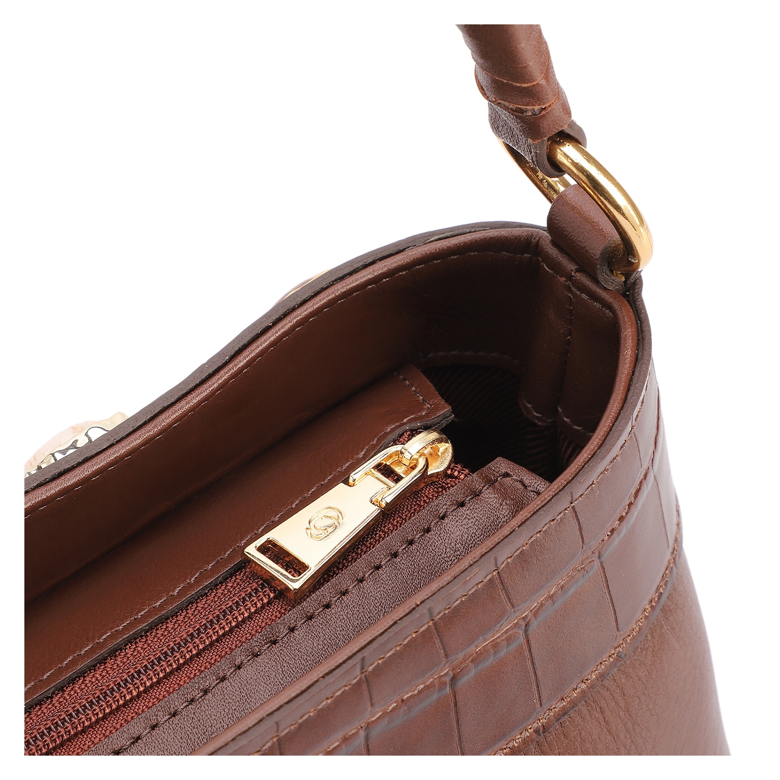 Bolsa De Ombro Pequena Couro Marrom Bucket Pedras