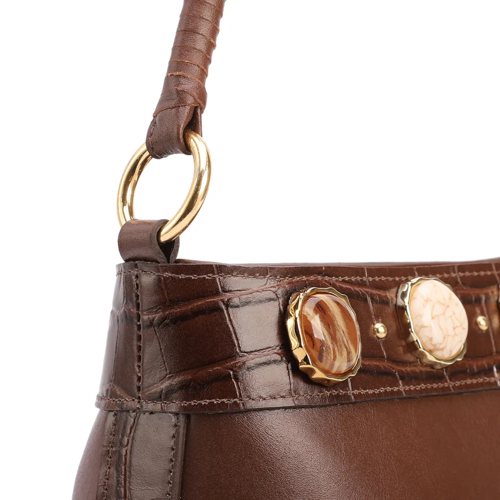 Bolsa De Ombro Pequena Couro Marrom Bucket Pedras - imagem 7