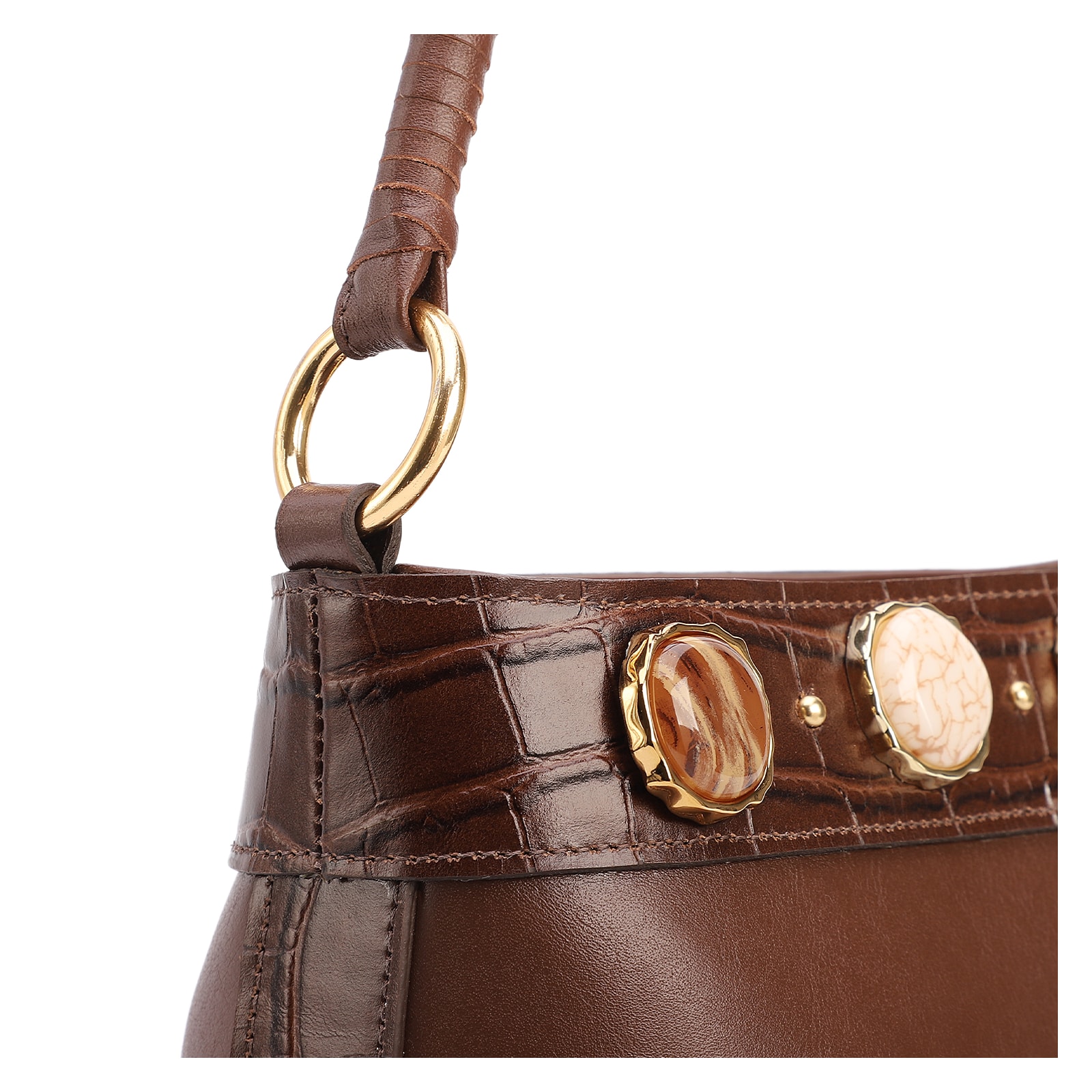 Bolsa De Ombro Pequena Couro Marrom Bucket Pedras