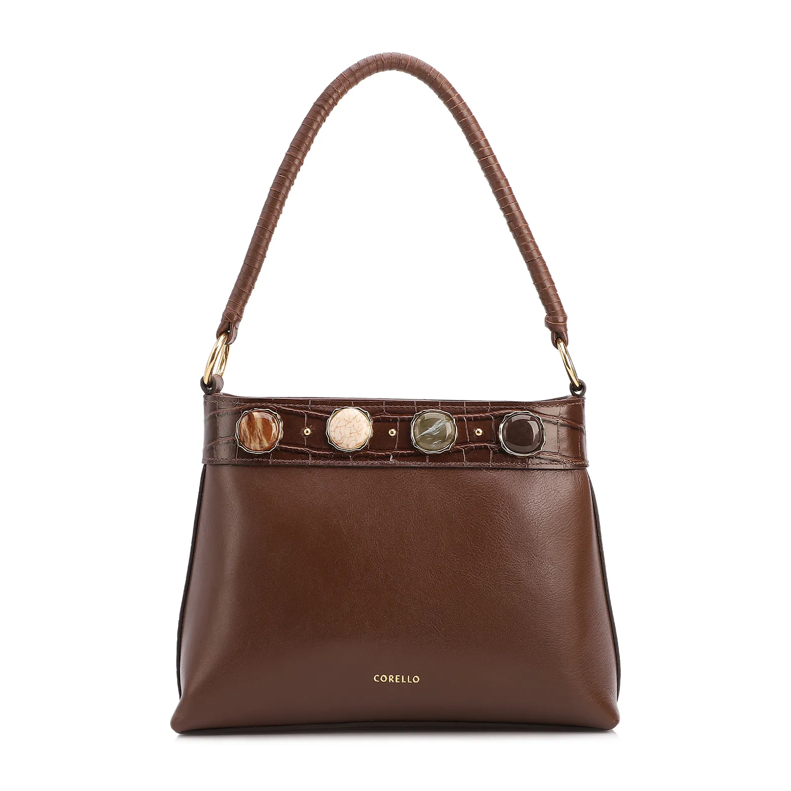 Bolsa De Ombro Pequena Couro Marrom Bucket Pedras