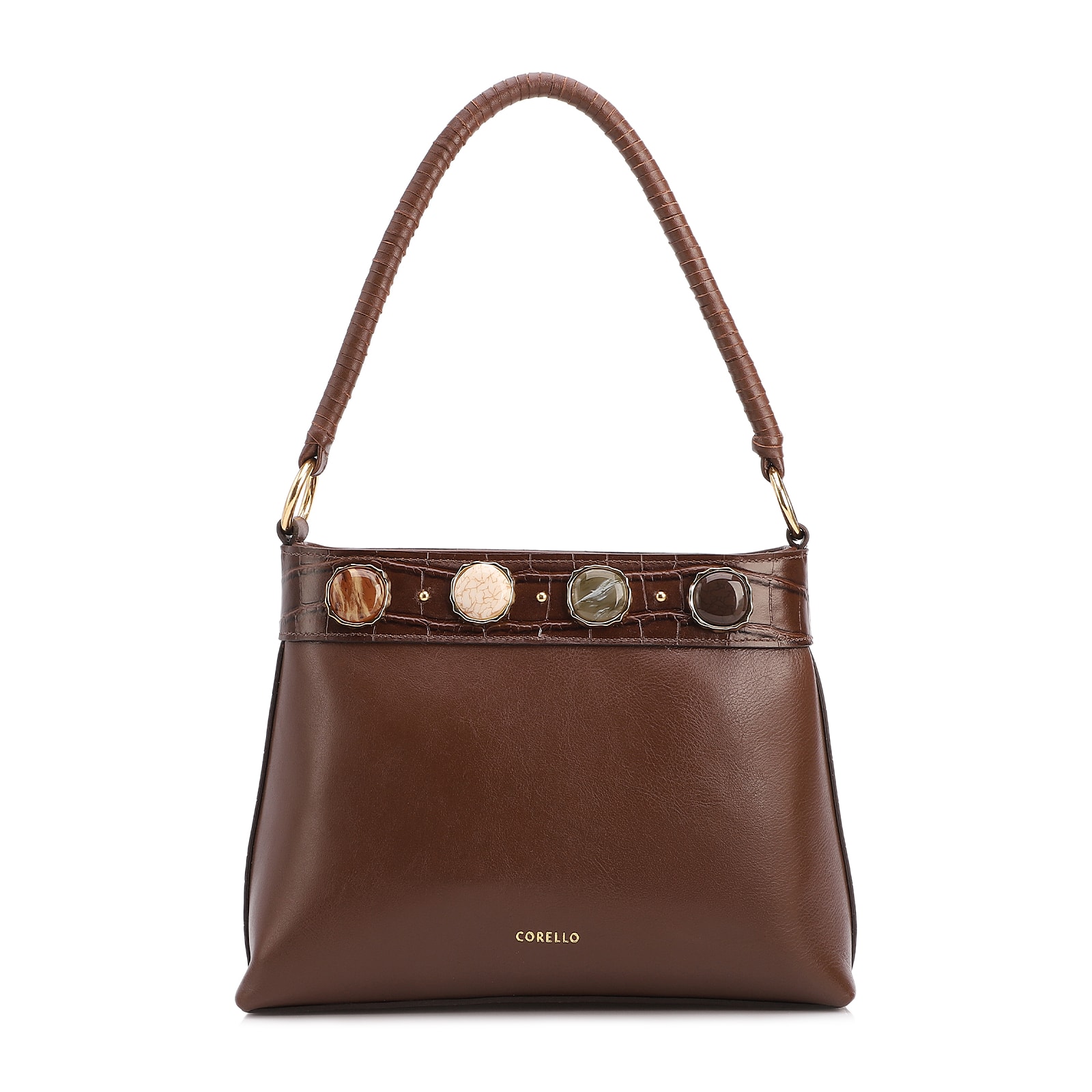 Bolsa De Ombro Pequena Couro Marrom Bucket Pedras