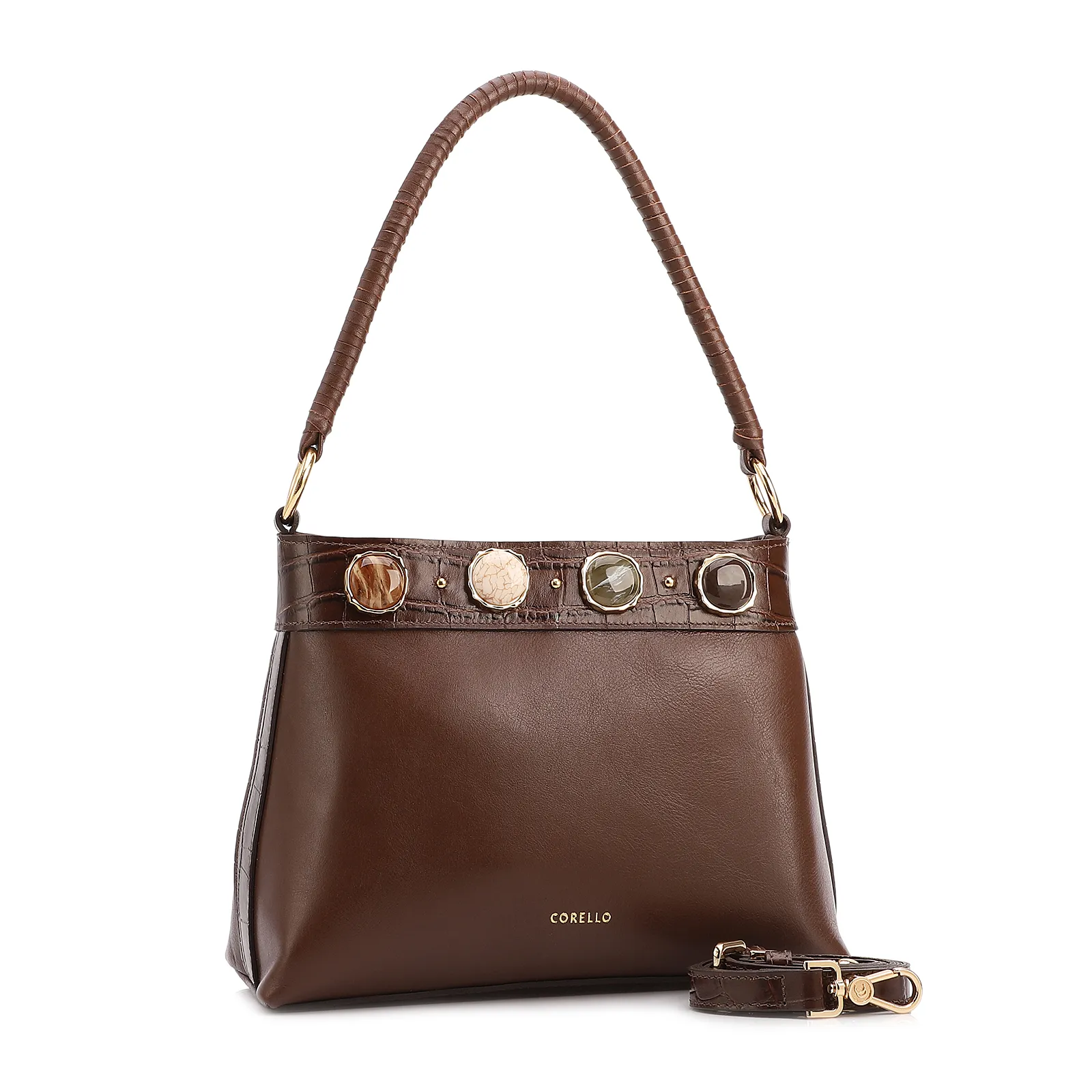 Bolsa De Ombro Pequena Couro Marrom Bucket Pedras