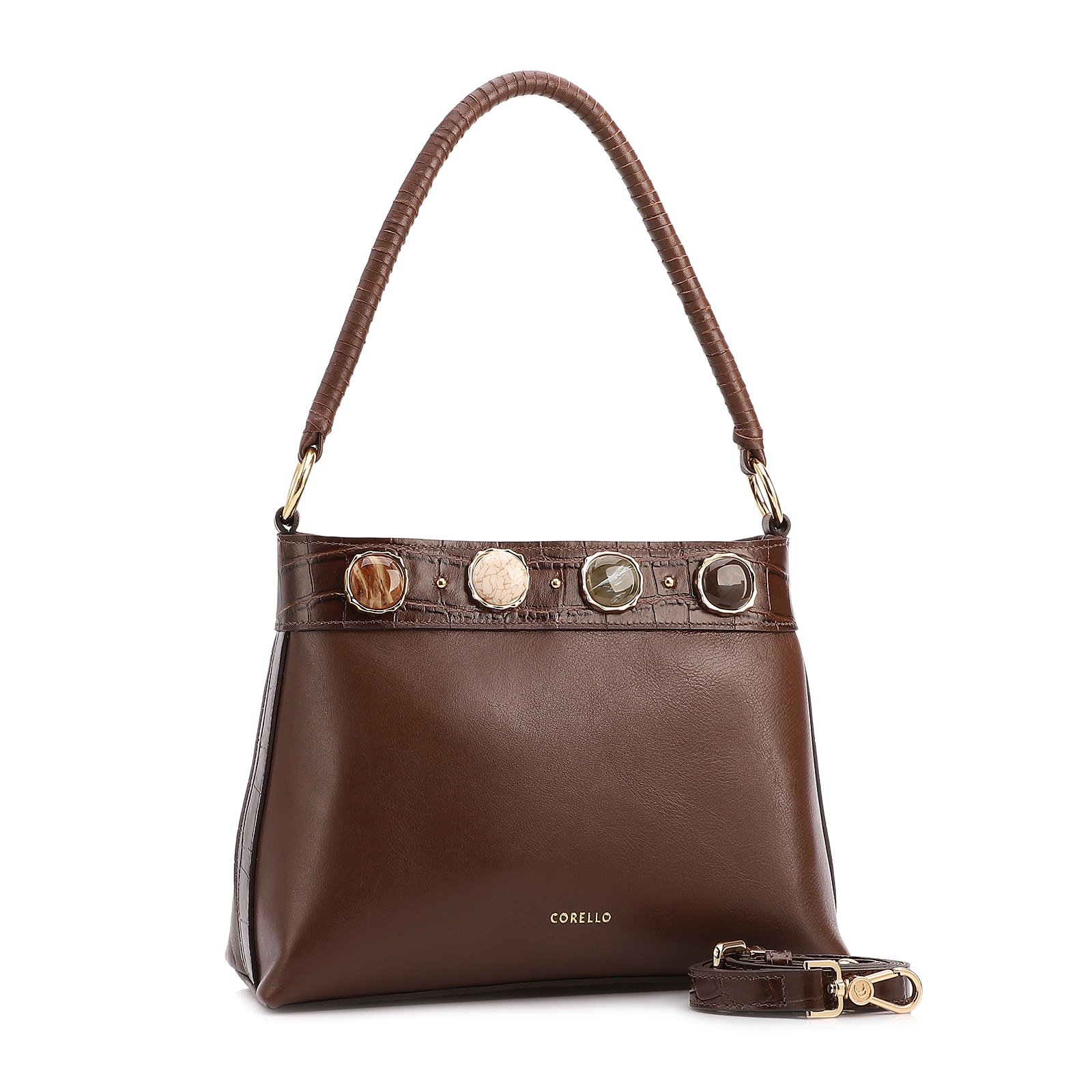 Bolsa De Ombro Pequena Couro Marrom Bucket Pedras