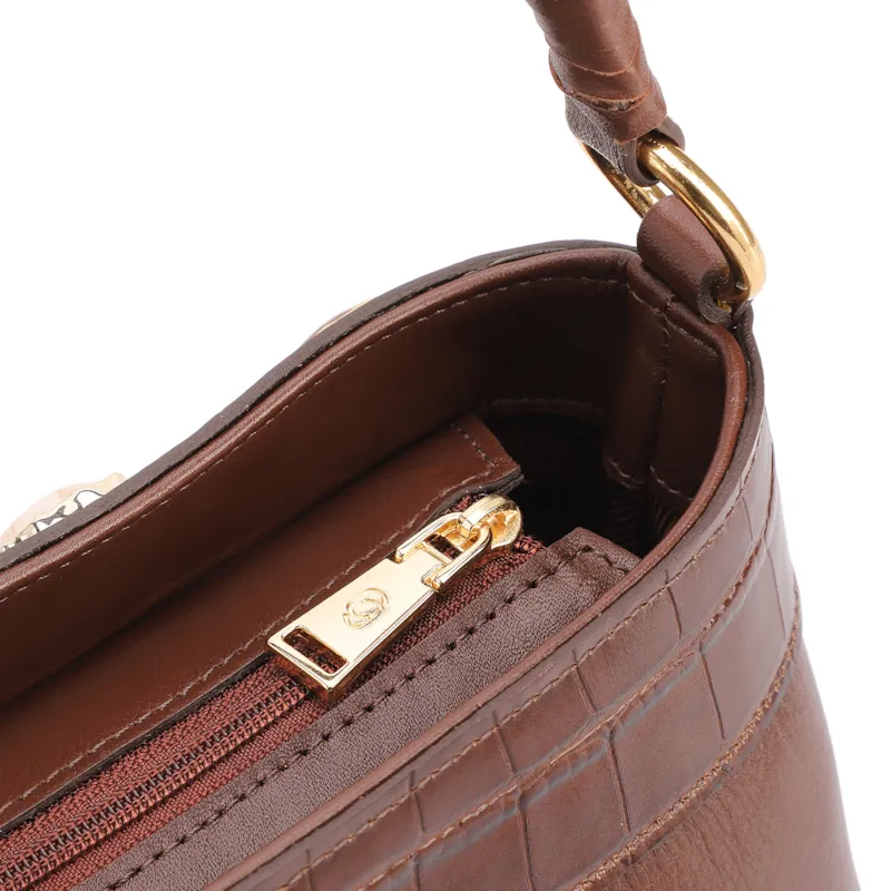 Bolsa De Ombro Pequena Couro Marrom Bucket Pedras - foto 6