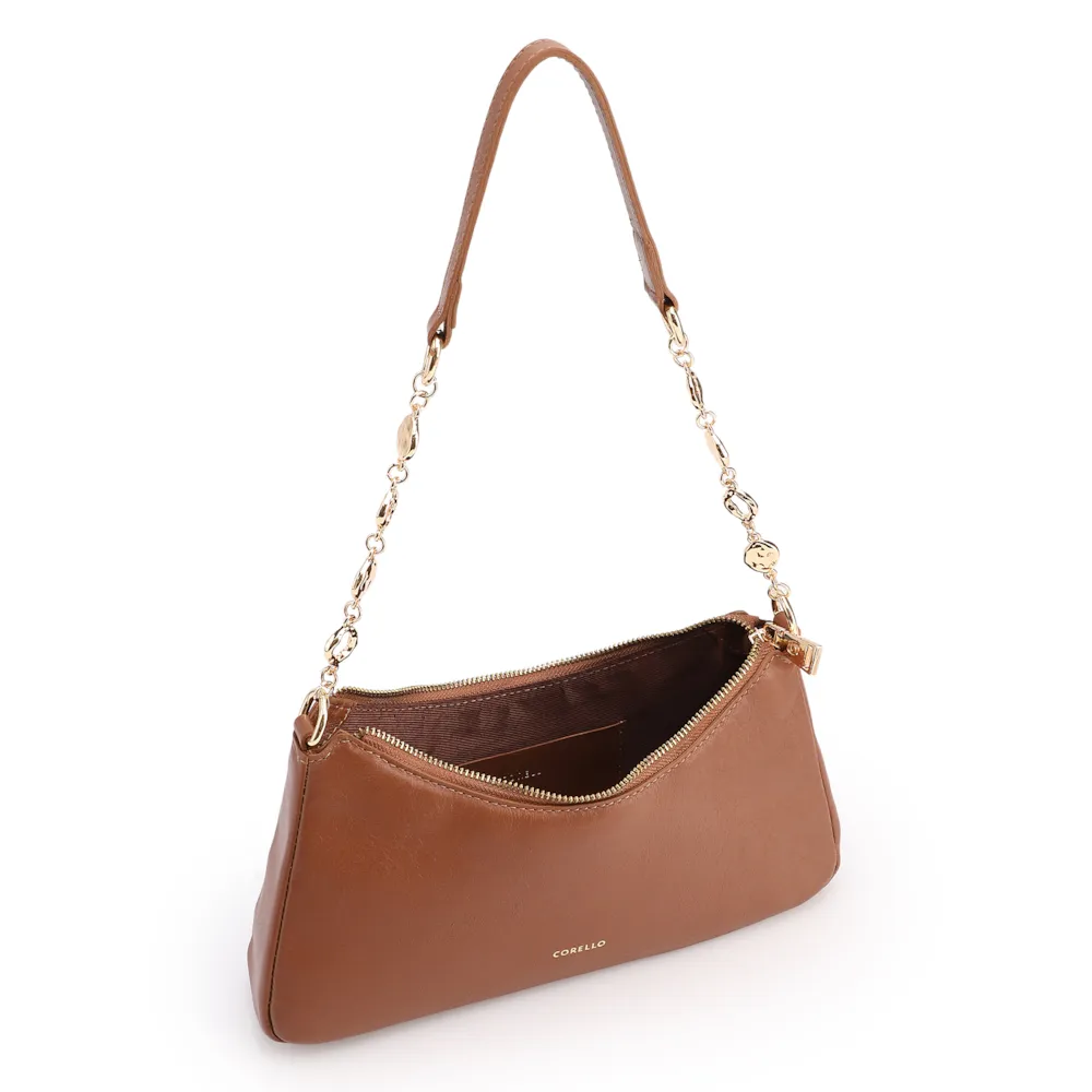 Bolsa De Ombro Pequena Couro Marrom Claro Alça Metal Dourado - imagem 4