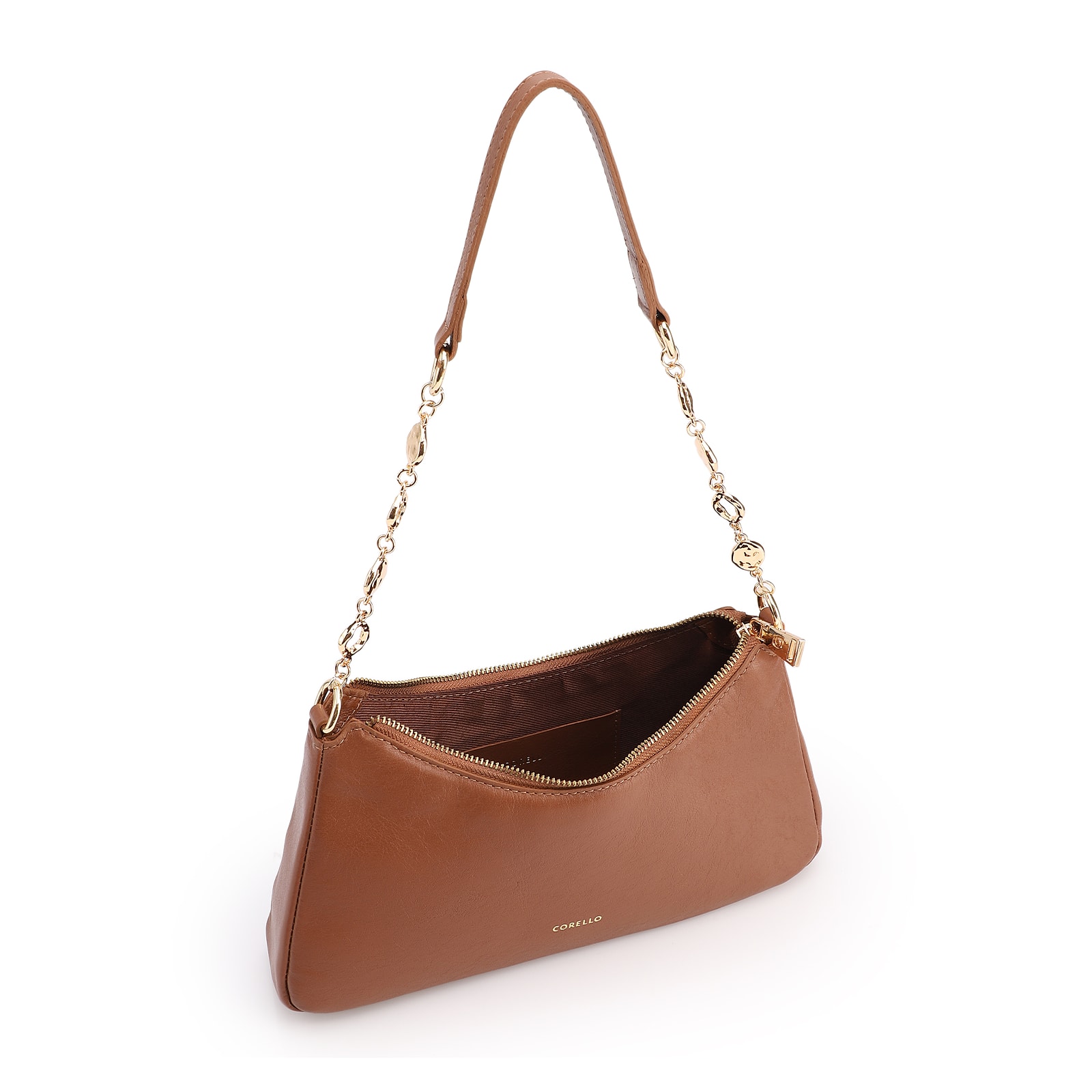 Bolsa De Ombro Pequena Couro Marrom Claro Alça Metal Dourado