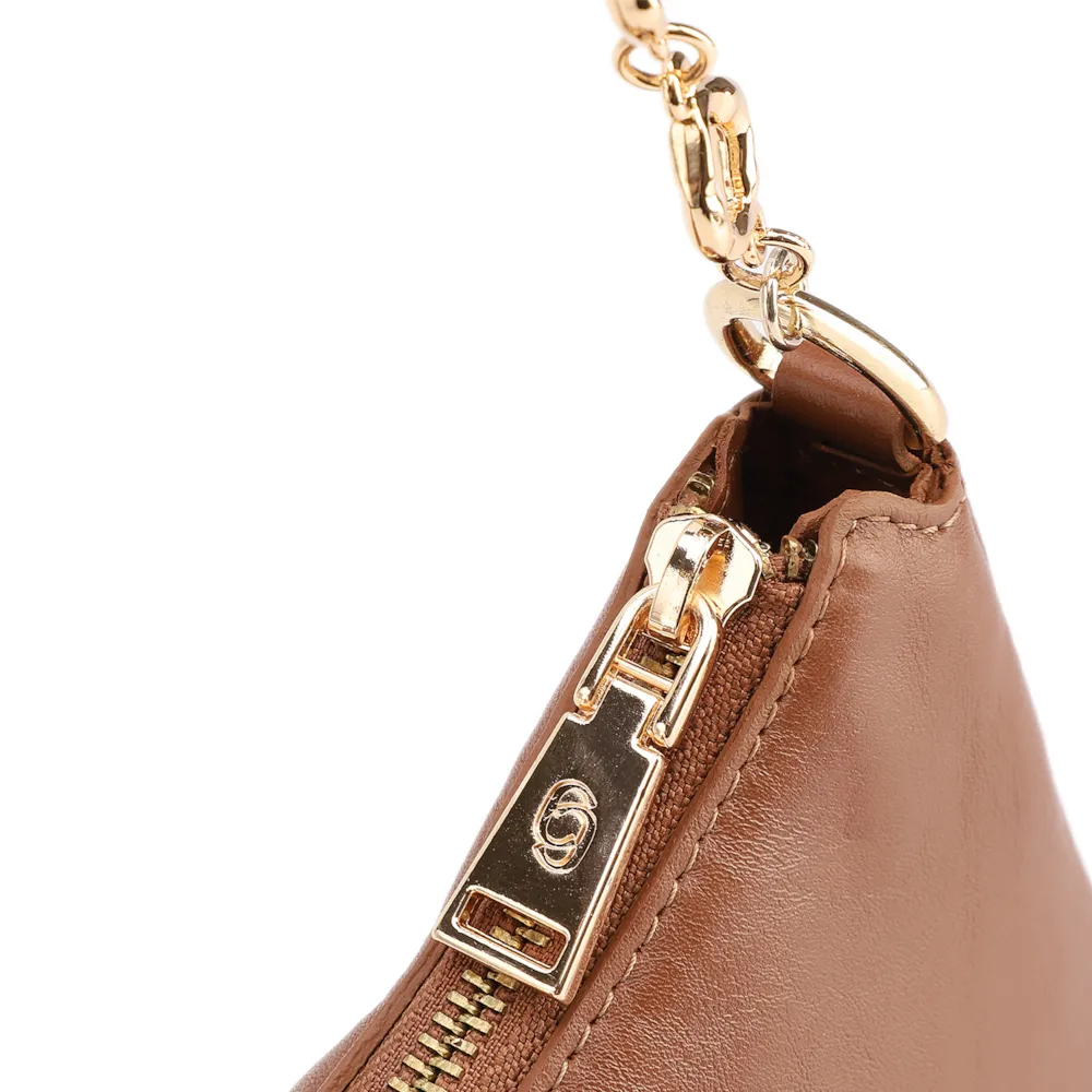 Bolsa De Ombro Pequena Couro Marrom Claro Alça Metal Dourado - imagem 5