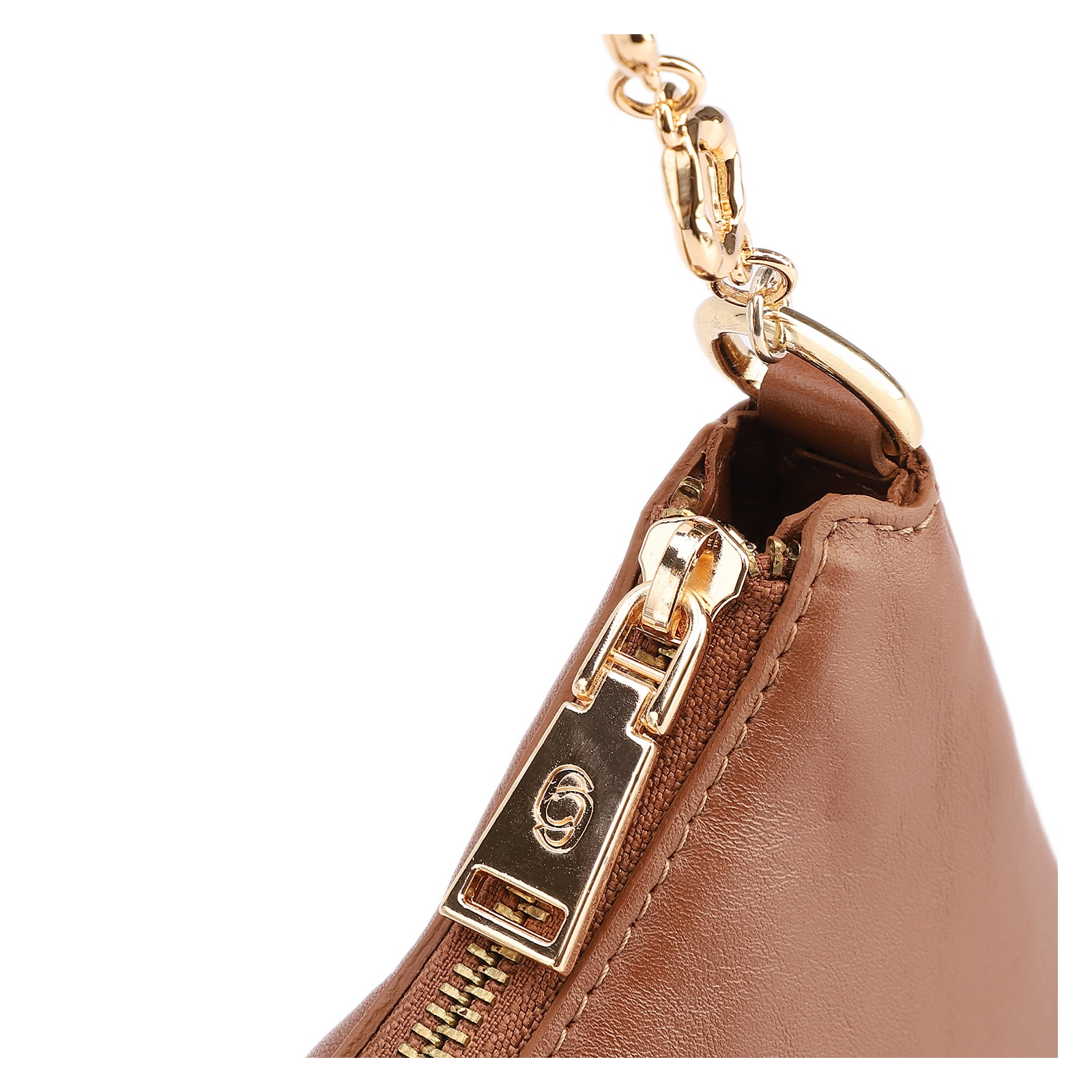 Bolsa De Ombro Pequena Couro Marrom Claro Alça Metal Dourado