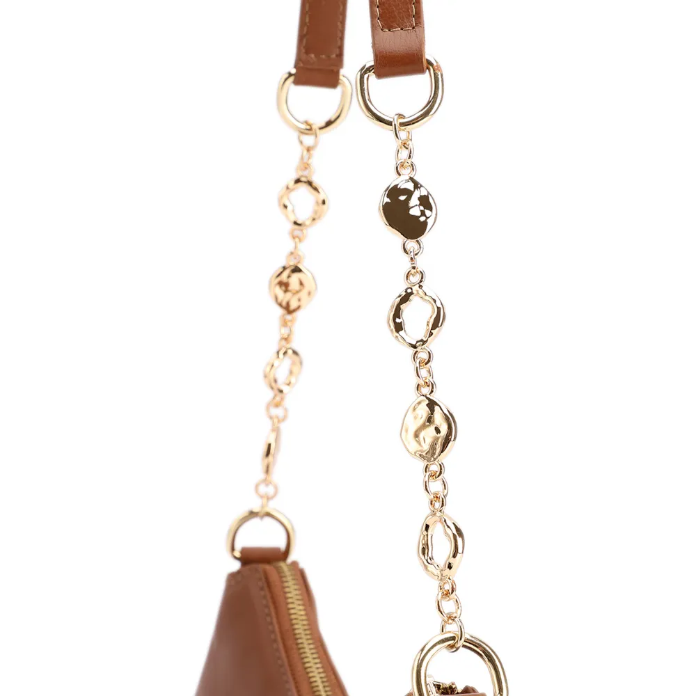 Bolsa De Ombro Pequena Couro Marrom Claro Alça Metal Dourado - imagem 6