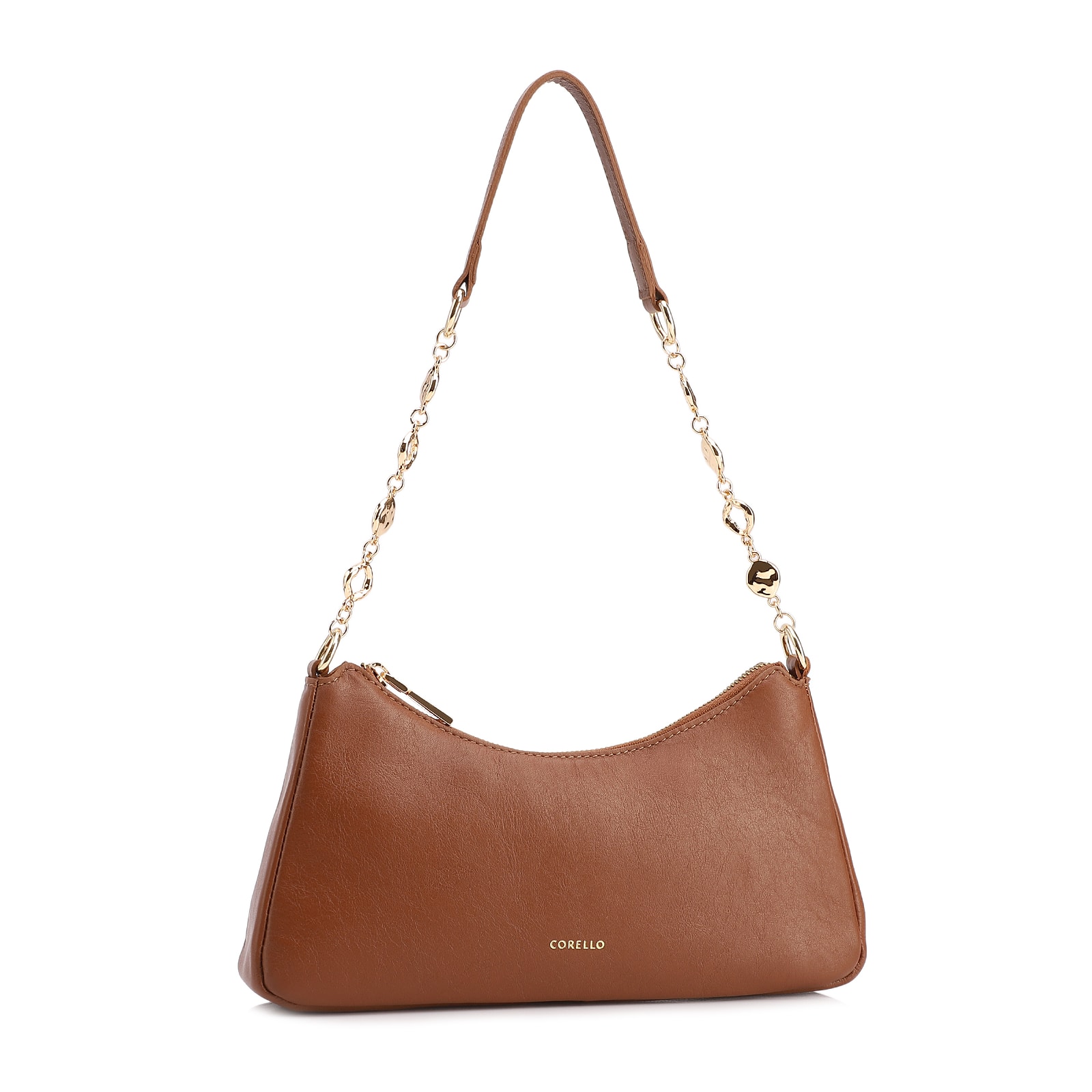 Bolsa De Ombro Pequena Couro Marrom Claro Alça Metal Dourado
