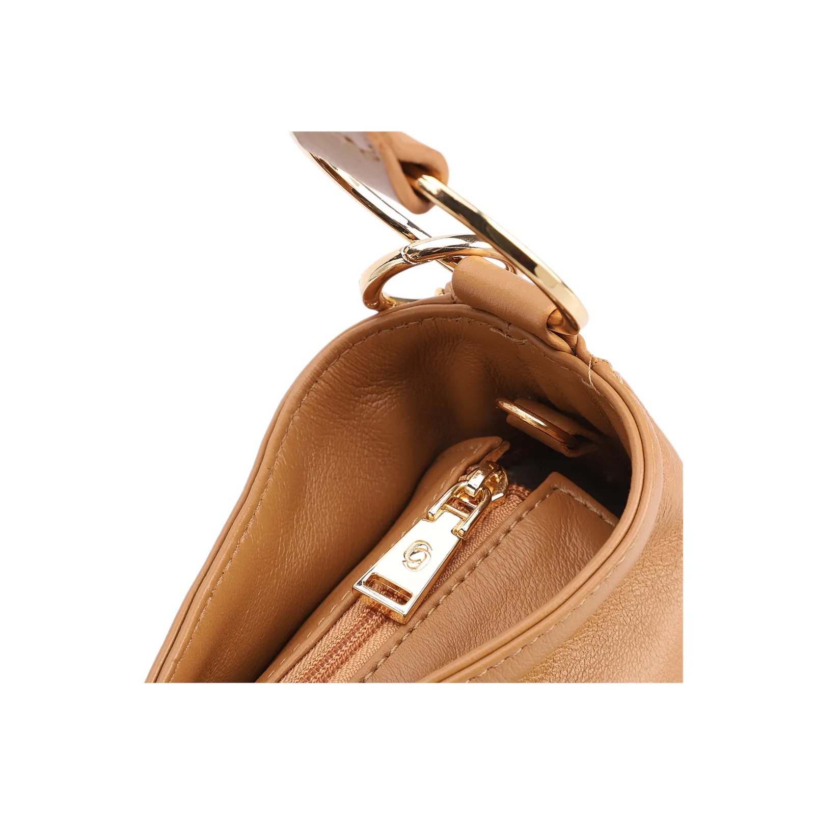 Bolsa De Ombro Pequena Couro Marrom Claro Pingente Corrente e Pedras