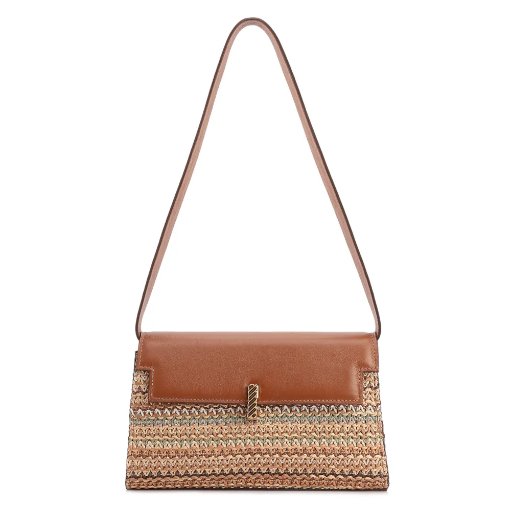 Bolsa De Ombro Pequena Couro Marrom Claro Ráfia Tramada Multicolor