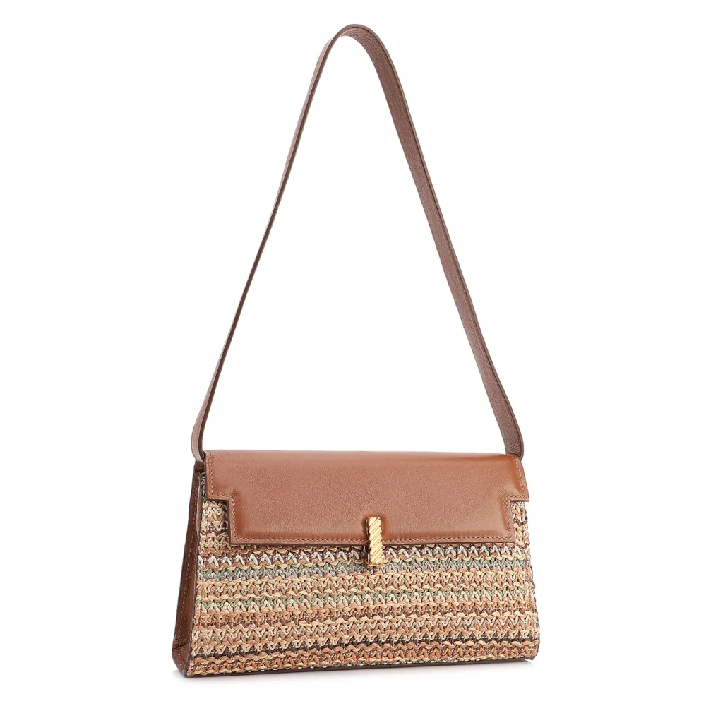 Bolsa De Ombro Pequena Couro Marrom Claro Ráfia Tramada Multicolor - imagem 2