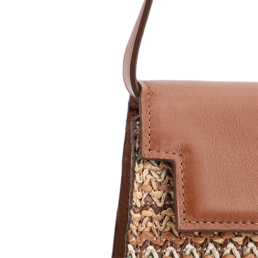 Bolsa De Ombro Pequena Couro Marrom Claro Ráfia Tramada Multicolor - imagem 5