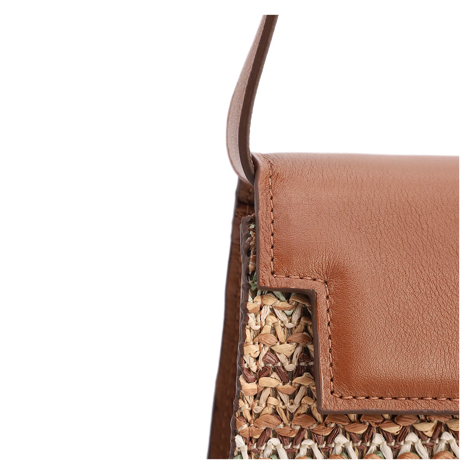 Bolsa De Ombro Pequena Couro Marrom Claro Ráfia Tramada Multicolor