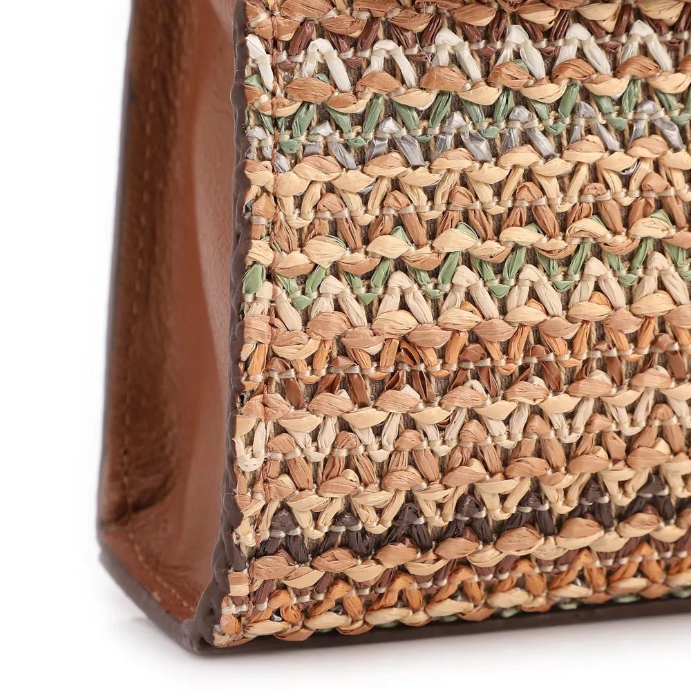 Bolsa De Ombro Pequena Couro Marrom Claro Ráfia Tramada Multicolor - imagem 6
