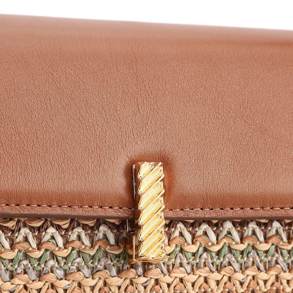 Bolsa De Ombro Pequena Couro Marrom Claro Ráfia Tramada Multicolor - imagem 7
