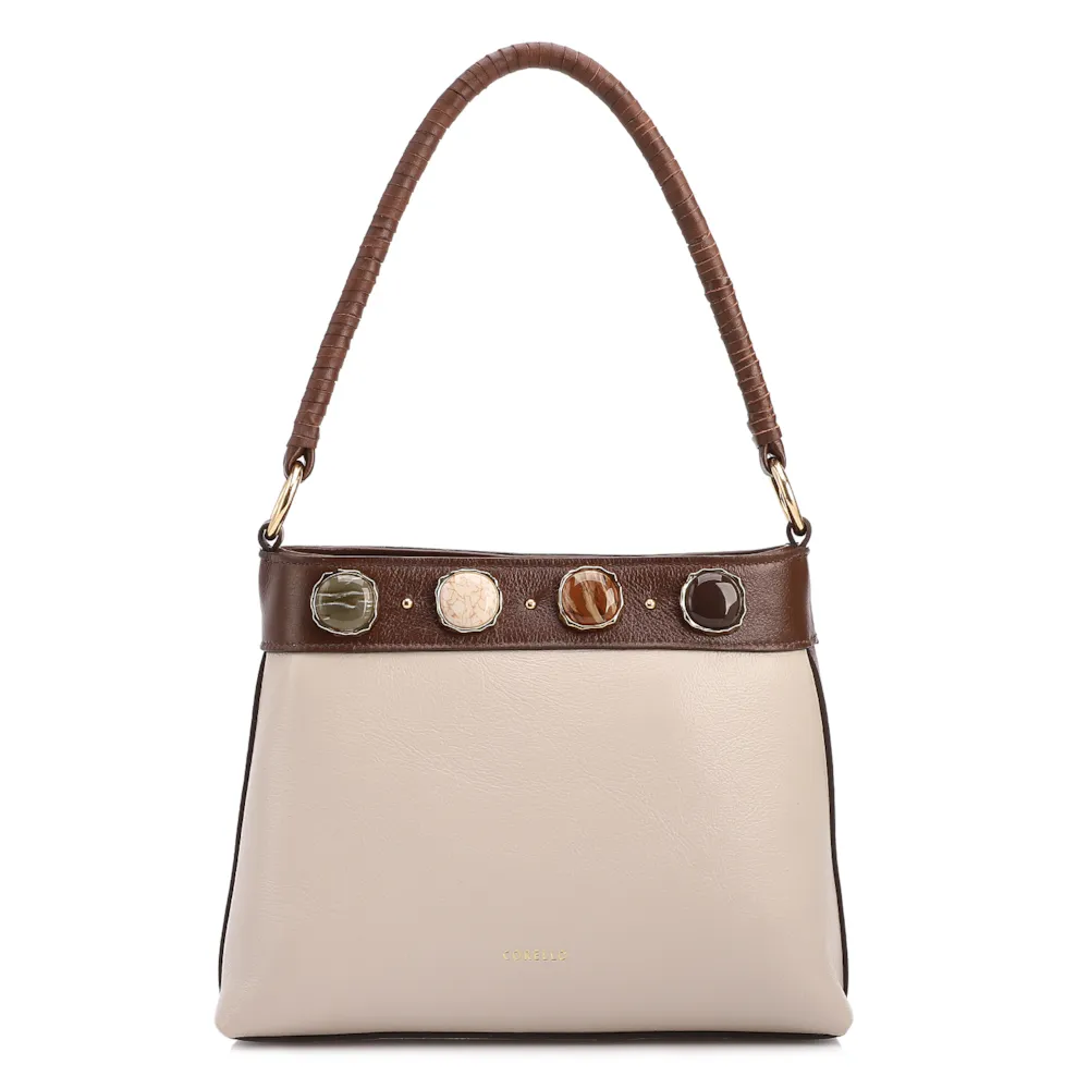 Bolsa De Ombro Pequena Couro Off White/Marrom Bucket Pedras