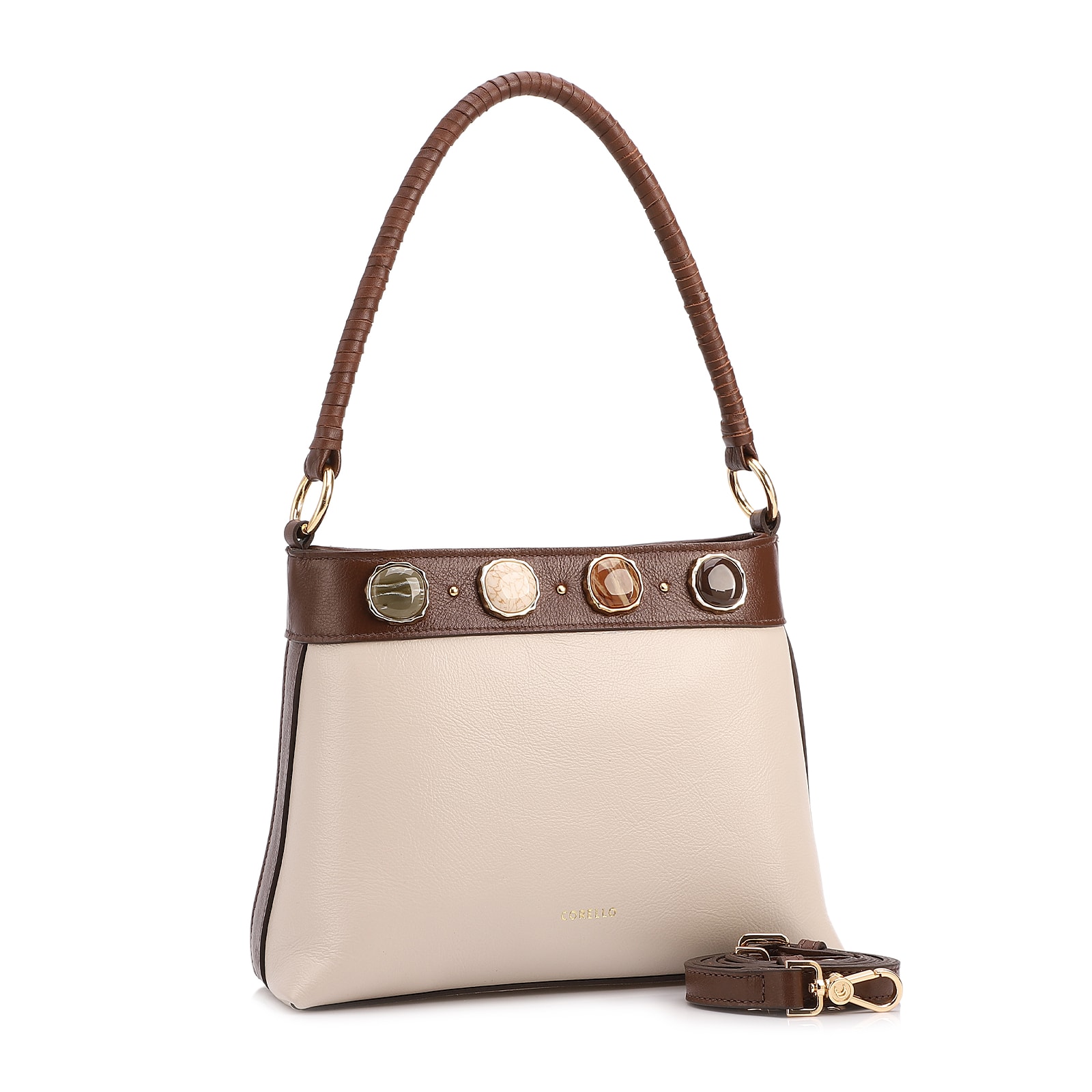 Bolsa De Ombro Pequena Couro Off White/Marrom Bucket Pedras