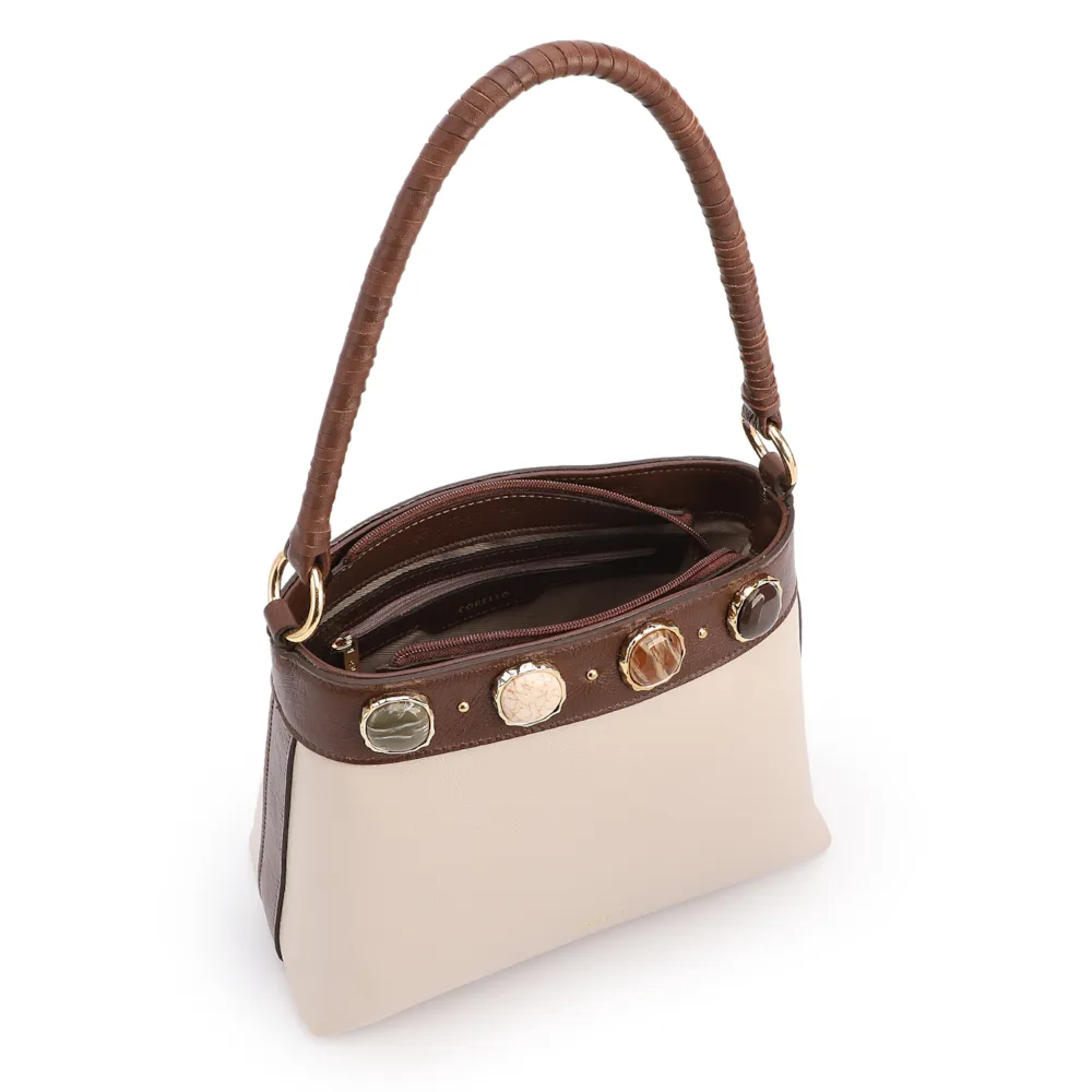 Bolsa De Ombro Pequena Couro Off White/Marrom Bucket Pedras - imagem 4