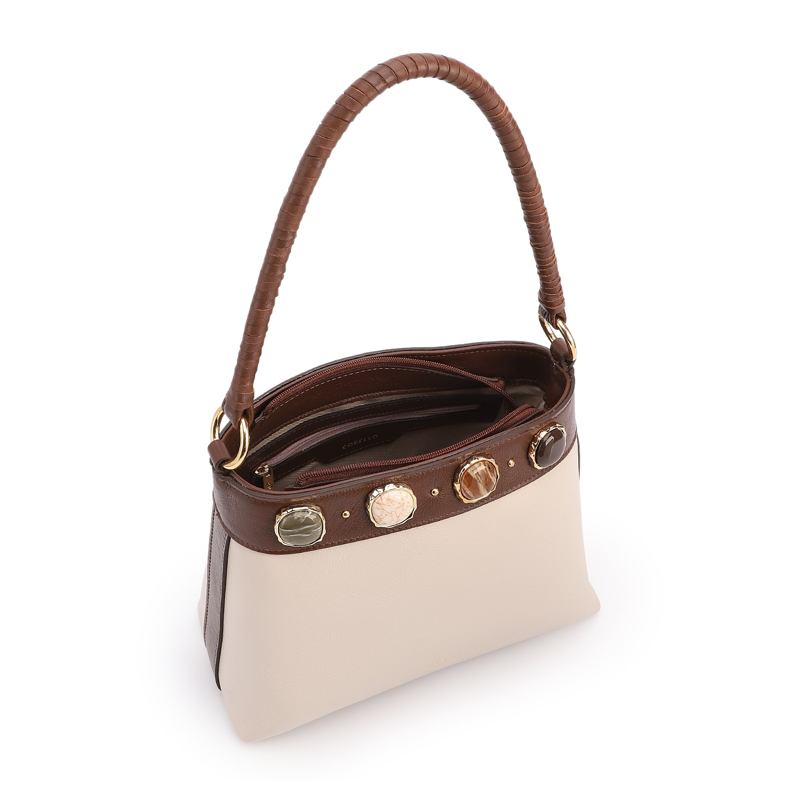 Bolsa De Ombro Pequena Couro Off White/Marrom Bucket Pedras