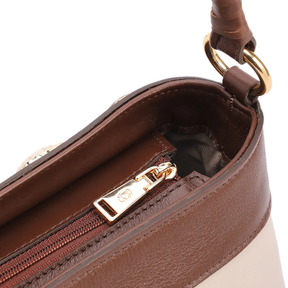 Bolsa De Ombro Pequena Couro Off White/Marrom Bucket Pedras - imagem 5