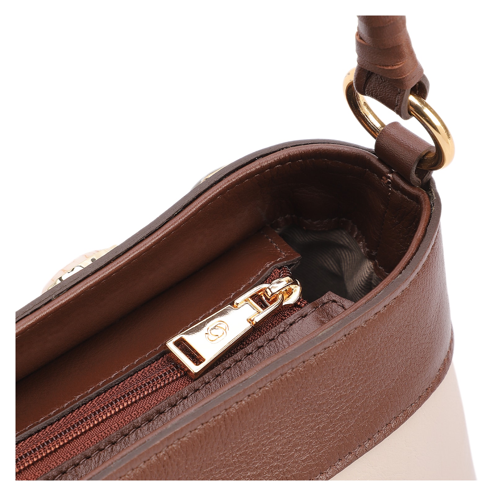 Bolsa De Ombro Pequena Couro Off White/Marrom Bucket Pedras