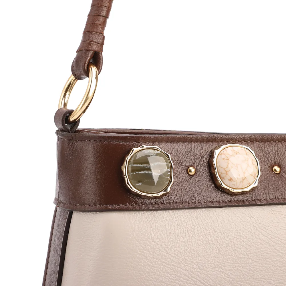 Bolsa De Ombro Pequena Couro Off White/Marrom Bucket Pedras - imagem 7