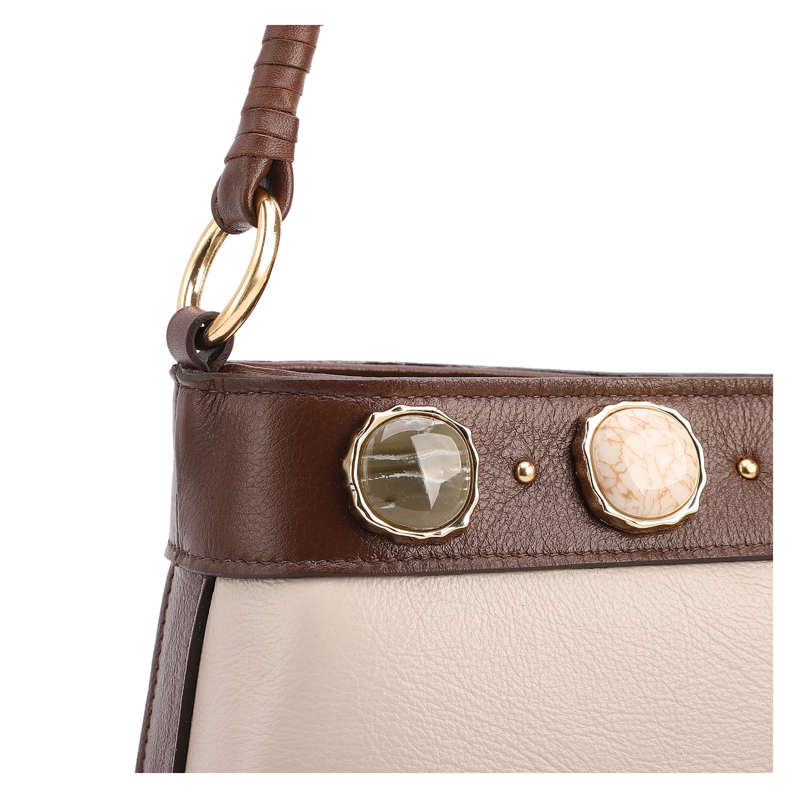 Bolsa De Ombro Pequena Couro Off White/Marrom Bucket Pedras