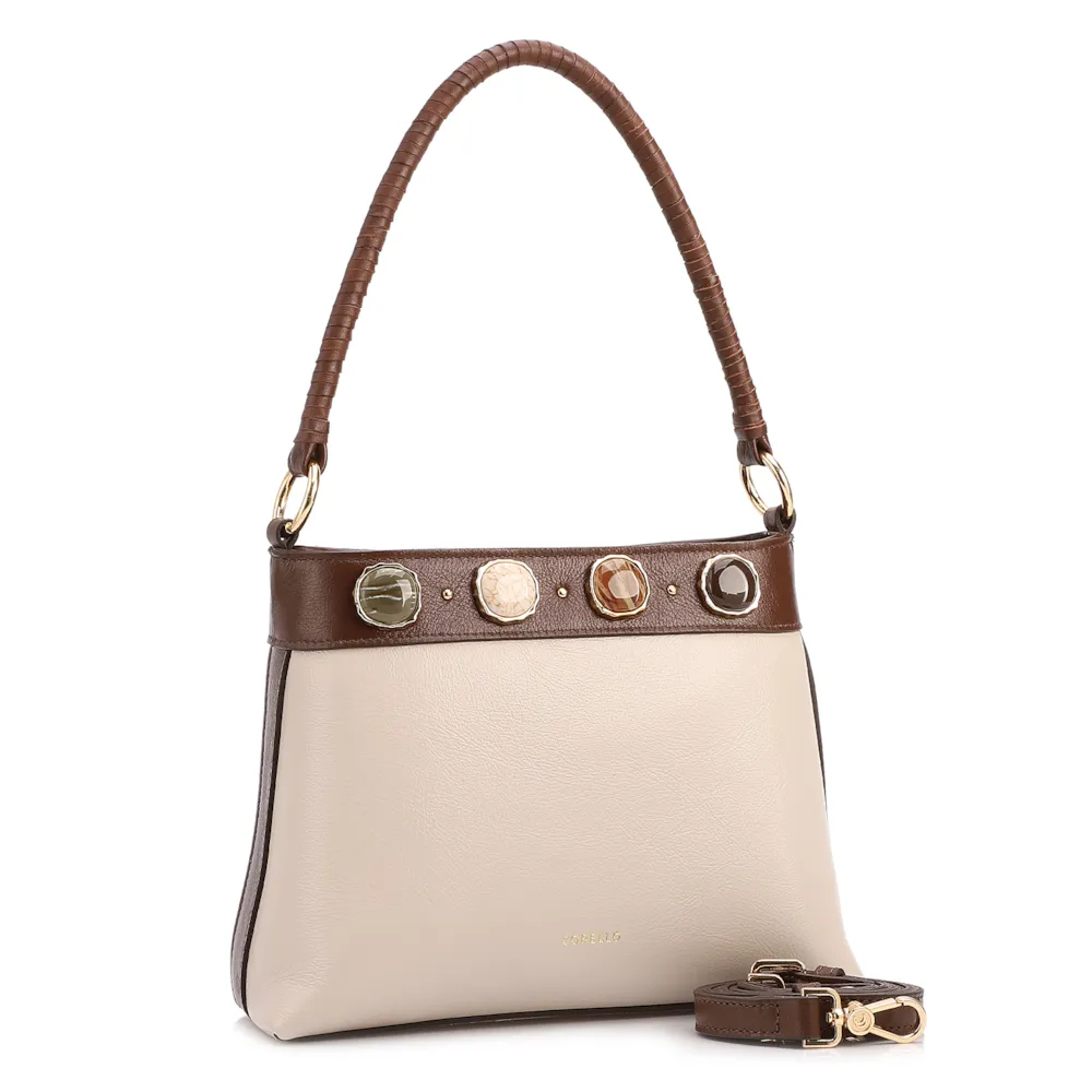 Bolsa De Ombro Pequena Couro Off White/Marrom Bucket Pedras - imagem 2