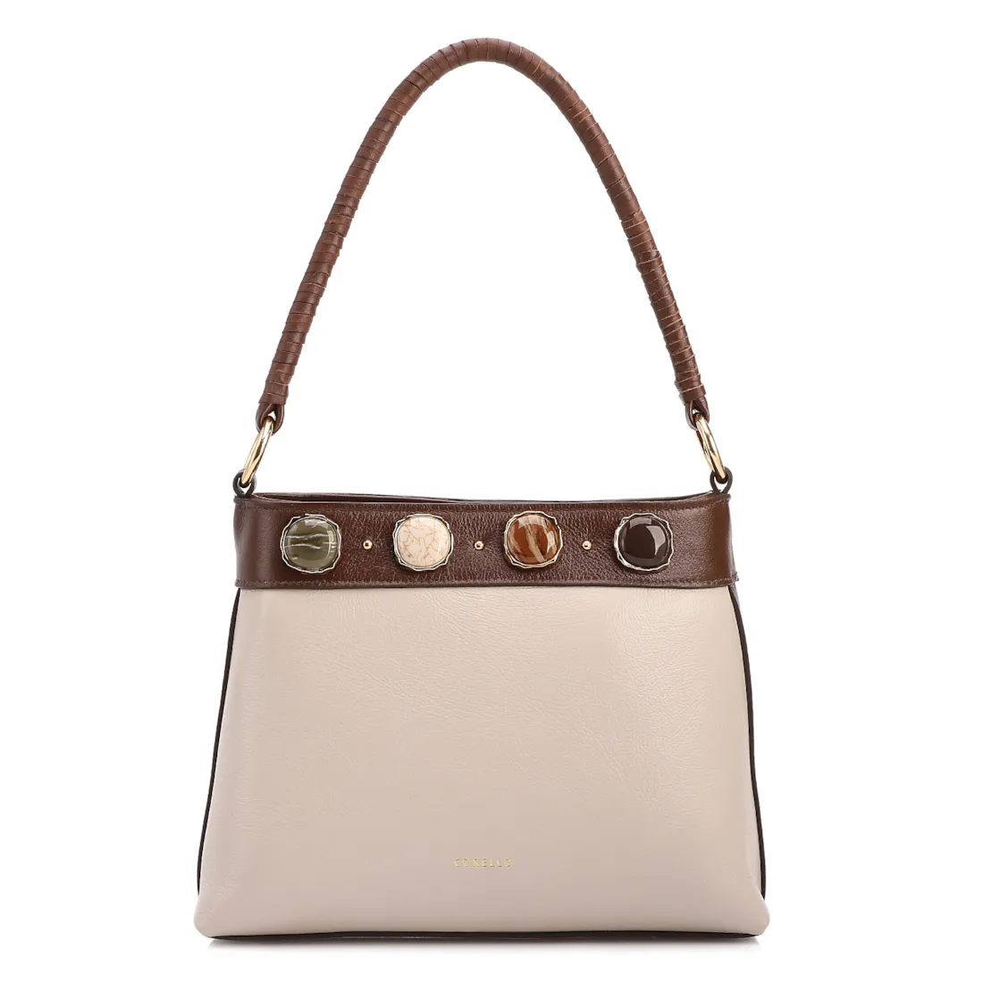 Bolsa De Ombro Pequena Couro Off White/Marrom Bucket Pedras