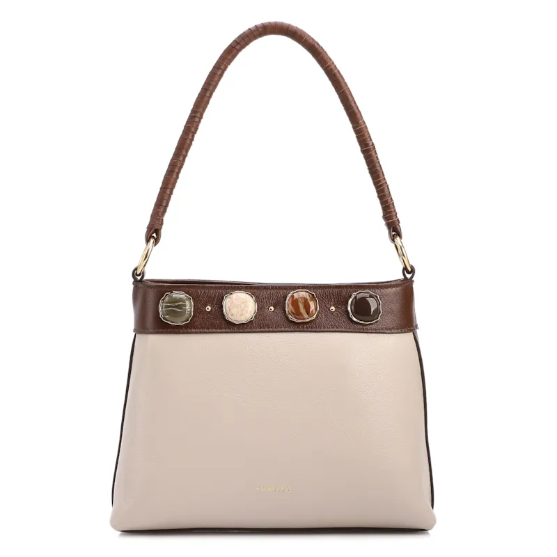 Bolsa De Ombro Pequena Couro Off White/Marrom Bucket Pedras