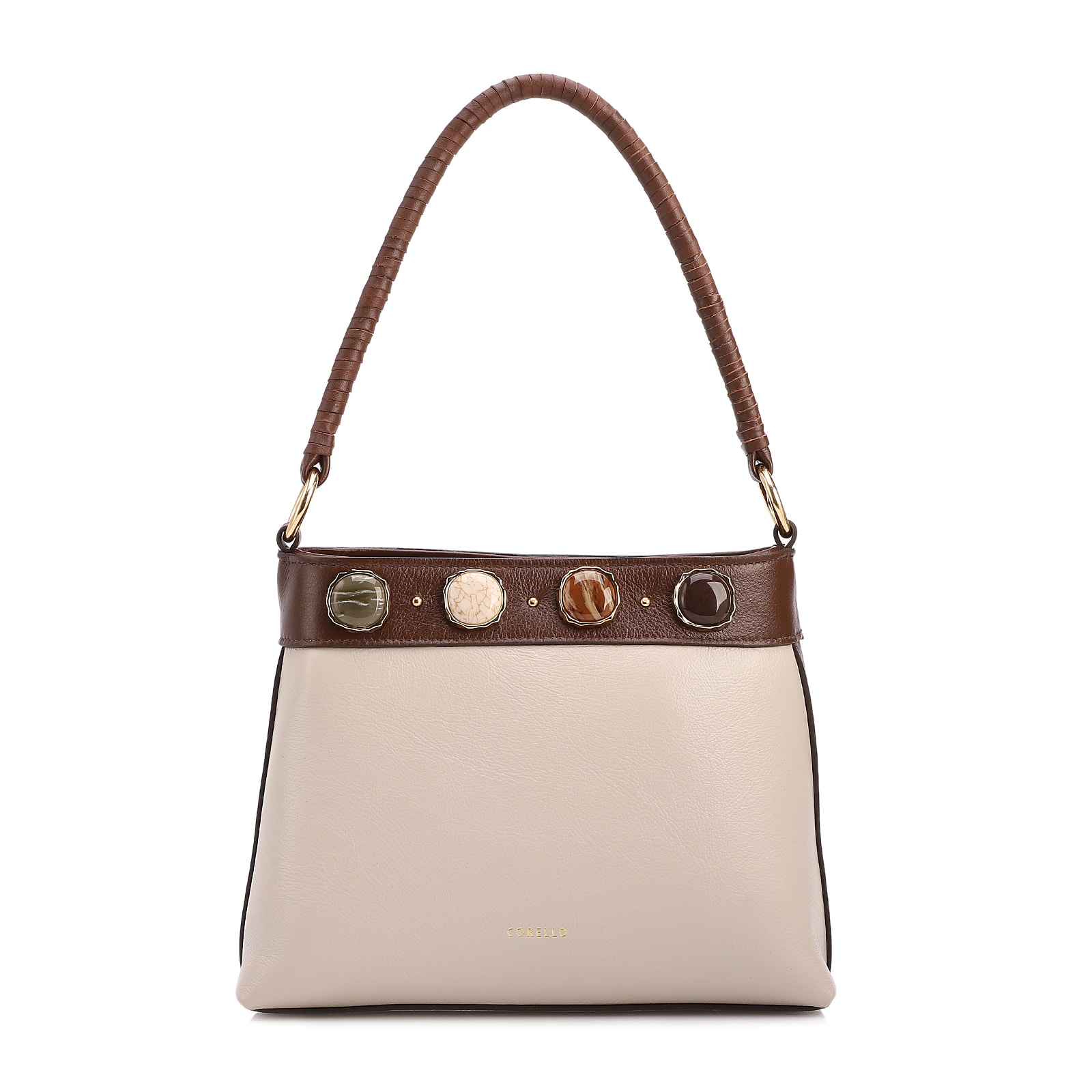 Bolsa De Ombro Pequena Couro Off White/Marrom Bucket Pedras