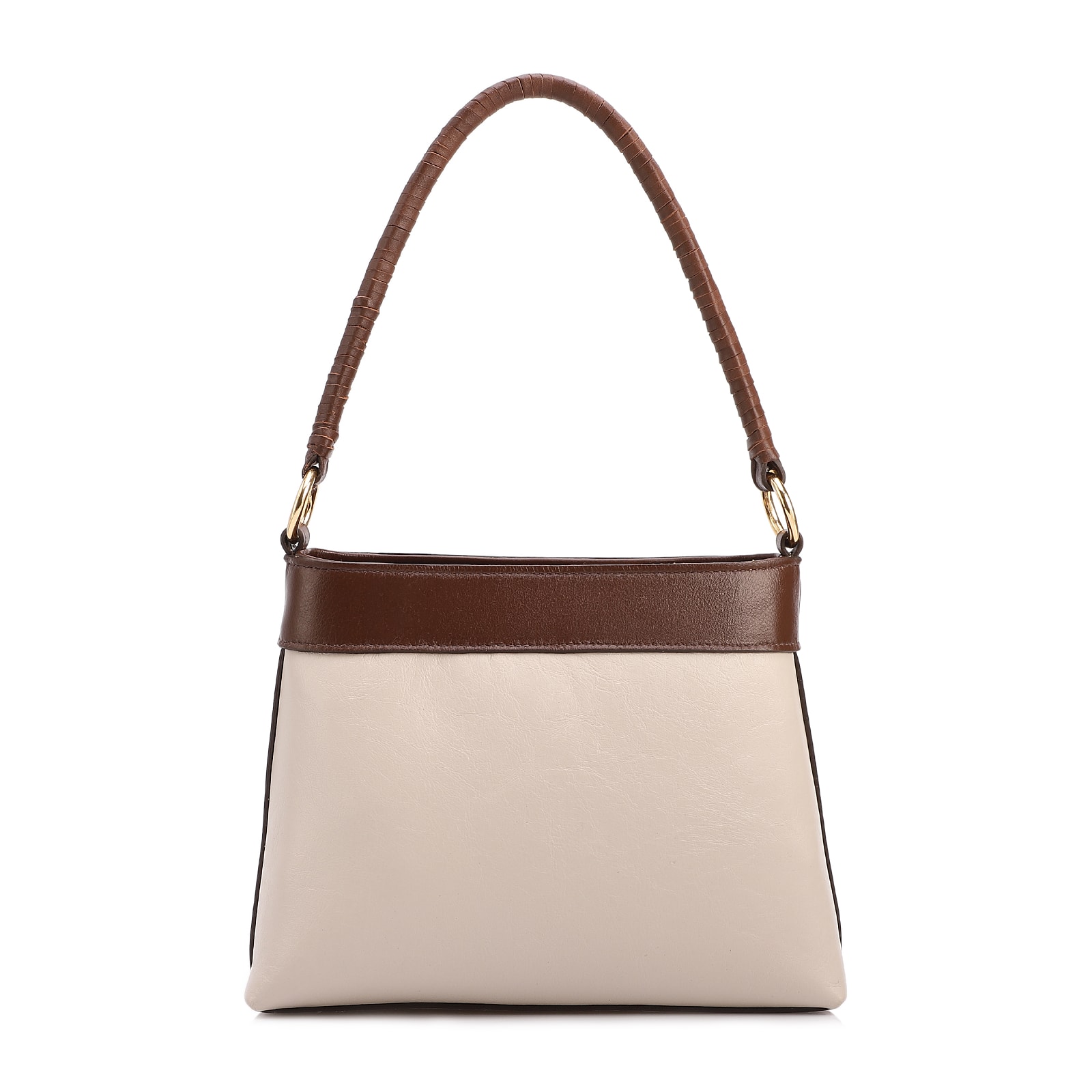 Bolsa De Ombro Pequena Couro Off White/Marrom Bucket Pedras