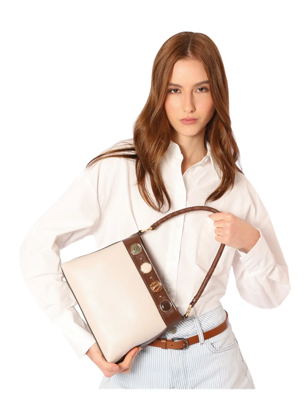 Bolsa De Ombro Pequena Couro Off White/Marrom Bucket Pedras - imagem 3