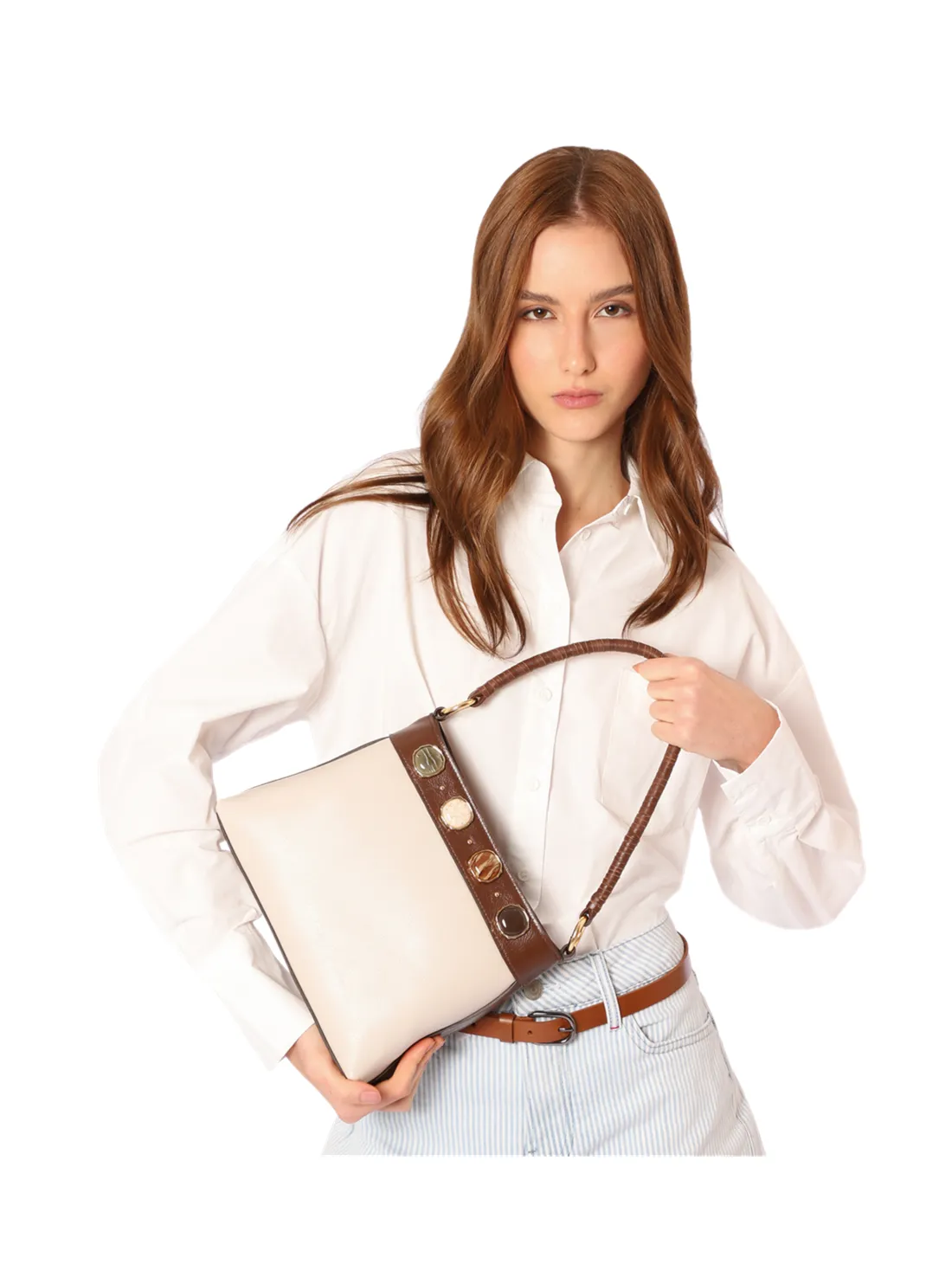 Bolsa De Ombro Pequena Couro Off White/Marrom Bucket Pedras - foto 3