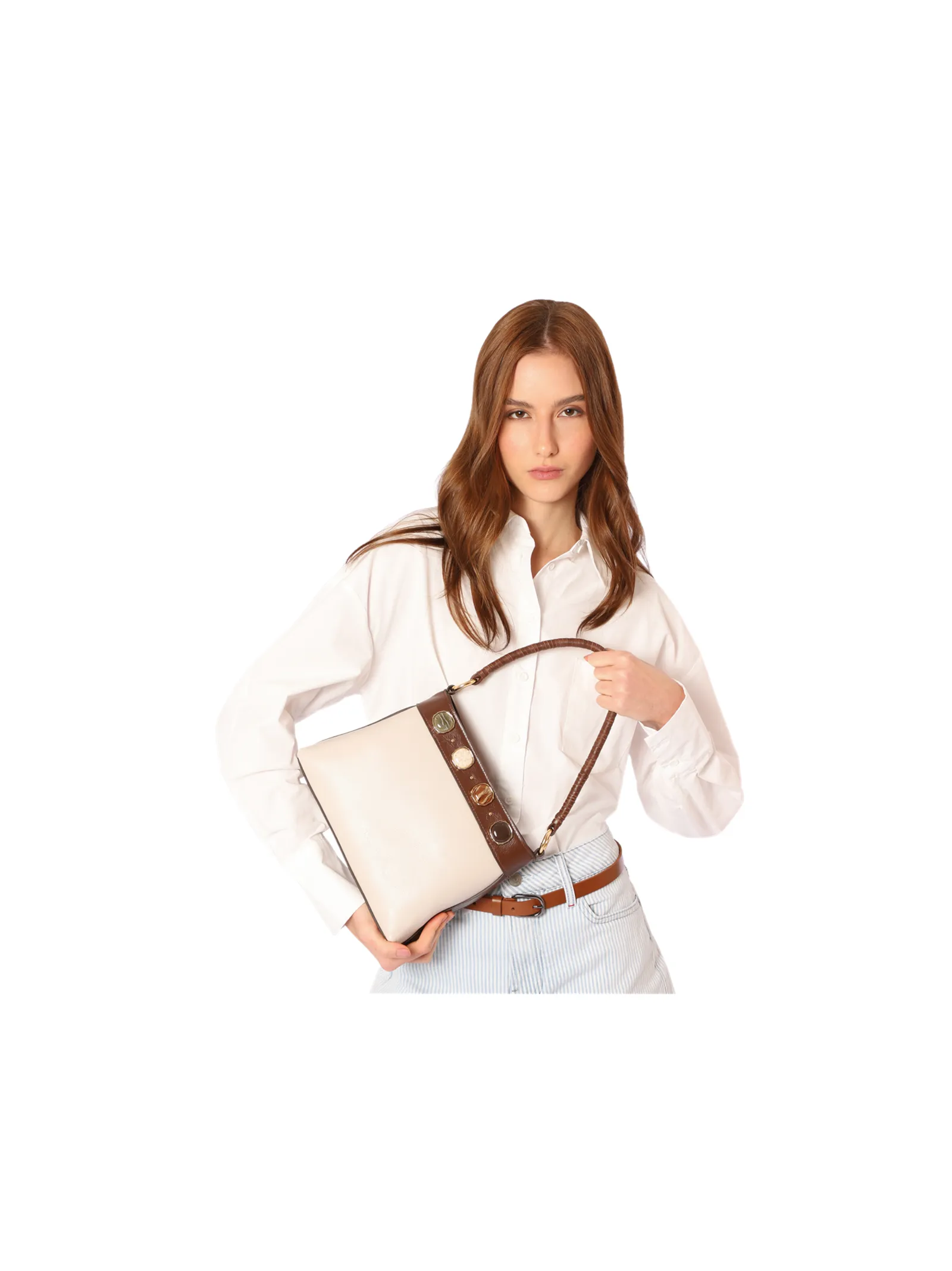 Bolsa De Ombro Pequena Couro Off White/Marrom Bucket Pedras