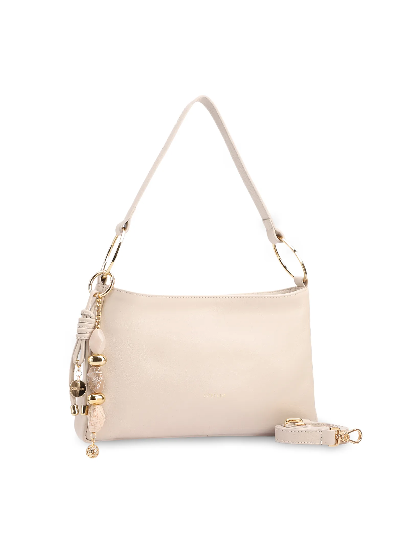 Bolsa De Ombro Pequena Couro Off White Pingente Corrente e Pedras