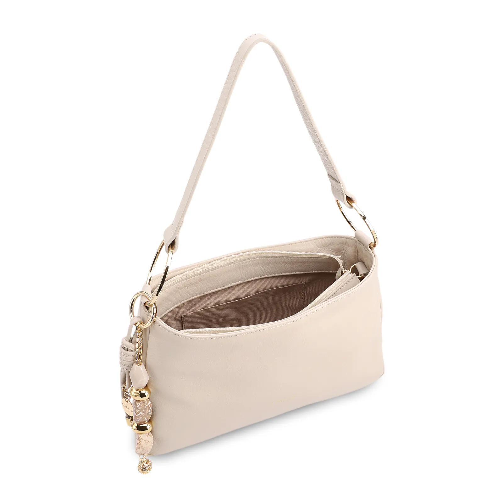 Bolsa De Ombro Pequena Couro Off White Pingente Corrente e Pedras