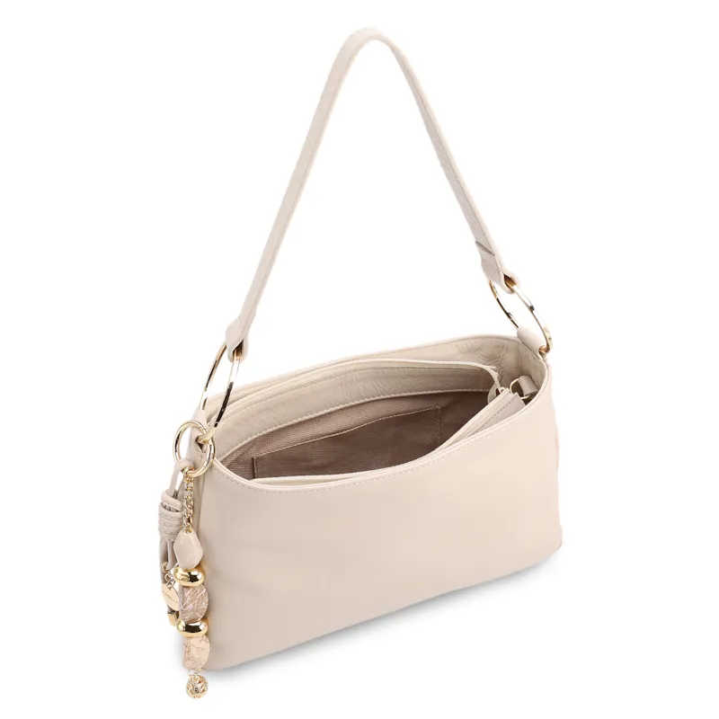 Bolsa De Ombro Pequena Couro Off White Pingente Corrente e Pedras - foto 4