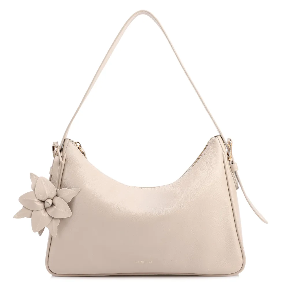  Bolsa De Ombro Pequena Couro Off White Pingente Flor