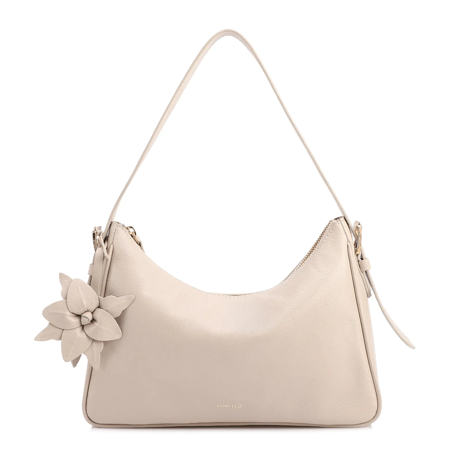  Bolsa De Ombro Pequena Couro Off White Pingente Flor